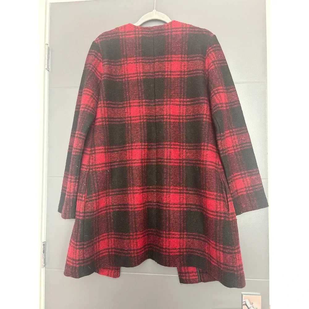 MAX STUDIO Womens‎ Red Black Plaid Collarless Open Front Coat Jacket M
